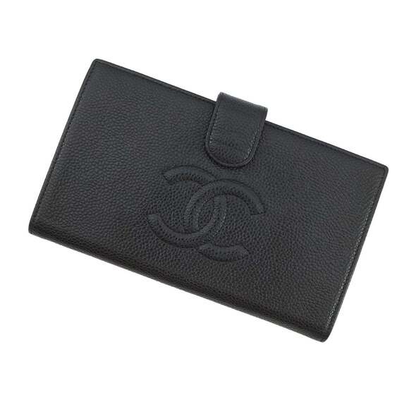 Chanel Coco Mark Long Wallet in Caviar Skin Black Women's
